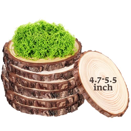Nuanchu 7 Pack Wood Table Centerpieces with Rustic Wood Slices and Artificial Fake Green Moss for Wooden Fairy Wedding Woodland Table Decor Ideal DIY Crafts (4. 7-5. 5'') - size: 4.7-5.5''