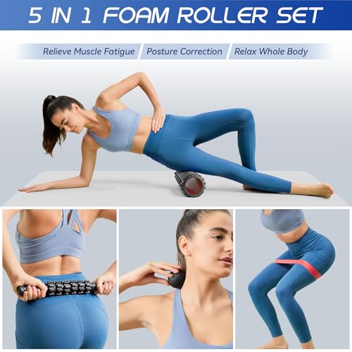 Krightlink 5-in-1 Foam Roller Set, Massage Roller Stick, Massage Ball, Resistance Band for Deep Muscle Massage, Trigger Point Release, Pilates, Yoga (Black-18(5 in 1)) - color: Black-18"(5 in 1)