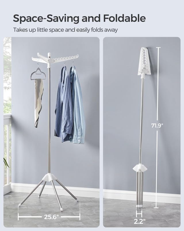 SONGMICS 의류 건조대, 149.9cm(59인치) 접이식 세탁 건조대, 행거용 회전 가능한 팔 3개, 다리 4개, 스테인리스 스틸, 옷 27피스용, 화이트 및 실버 ULLR510W01 - color: 화이트 + 실버, style: 1단