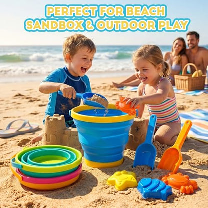 MGparty Collapsible Beach Toys Set for Kids, 3 Pack Foldable Sand Buckets with Shovels Molds Mesh Bag, Portable Travel Sandbox Toys for Toddlers Kids Age 3-10