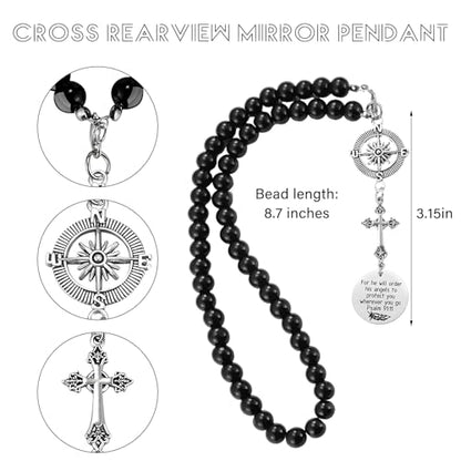 Wevdn Cross Car Charm, Rear View Mirror Christian Cross Charm with Compass Bead Chain, Religious Pendant for He Will Order His Angels to Protect You Wherever You Go Psalm 91:11