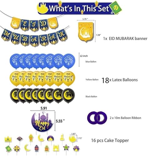 Eid Mubarak Decorations Set 72 PCS - Blue & Gold Ramadan Decorations for Home with Eid Mubarak Banner, 18 Latex Balloons, Cake Toppers & Hanging Swirls - Complete Eid Al-Fitr Party Supplies Kit