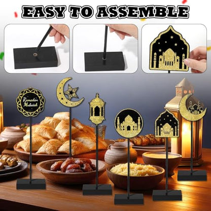 6 Pcs Ramadan Kareem Wooden Table Decors for Eid Mubarak Party Decorations Moon Star Islamic Mosque Signs Double Sided Print Tabletop Decor Eid Party Tiered Tray Decor for Islamic Allah Muslim Gifts