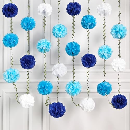 Blue White Party Decorations Ombre Blue Tissue Paper Flowers Pom Pom with Leaf Ribbon Hanging Garland Streamer for Birthday Wedding Shower Under The Sea Nautical Ahoy Achor Party Supplies - color: Blue