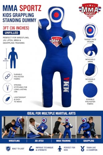 Kids Grappling Standing Dummy - Unfilled – Wrestling, Jiu-Jitsu, MMA Training Dummy with Moveable Arms and Legs – Durable Polyester Fabric - color: Blue-Stand, size: 3 ft-36 Inch