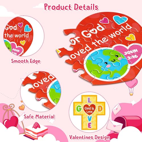 Haooryx Valentine's DIY Jigsaw Puzzle - 18 Pcs Jesus Loves You Colorful Cross Rainbow Heart Valentine’s Day Religious Paper Puzzle Exchange Gift Sunday School Educational Church Classroom Activity - style: Valentine’s Day DIY