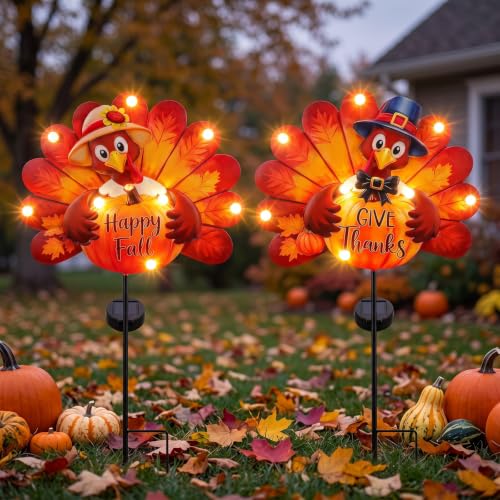 Lewondr 2PCS Thanksgiving Decorations Solar Fall Turkey Garden Stakes - color: Orange