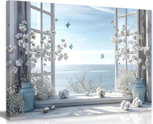 DAXINGJ Blue Coastal Butterfly Window Wall Art, Farmhouse Beach Framed | 12x16 Inch Canvas Art, Ocean View Floral Decor, Ready to Hang, Fade-Resistant, Bathroom Bedroom Wall Decor - color: blue window, size: 16"L x 12"W