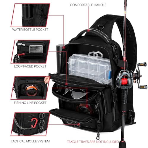 Fishing Sling Bag with Tackle Box, MOLLE System Fishing Backpack with Fishing Lures Kit, Fish Hook Remover Tool, Fish Lip Gripper, Fishing Plier & Accessories, Fishing Gear Gift for Men Black - color: Black-01Set