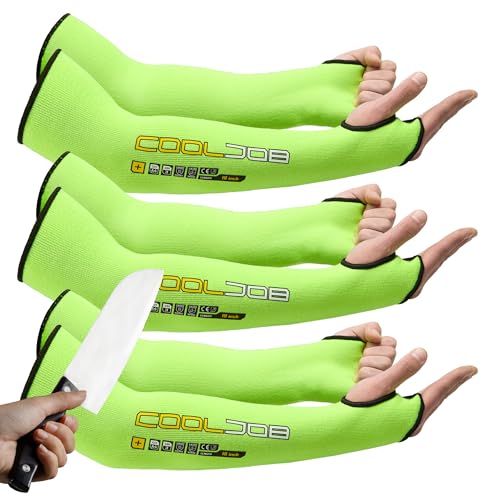 COOLJOB 3 Pairs 14/18in A4 Cut Resistant Sleeves with Thumb Hole, UV Sun Protection Arm Sleeves for Thin Skin Farmer Gardener - color: Fluorescent Green (18" L)