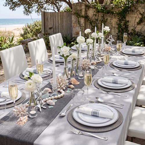 WDF Partyware 350Piece Silver Plastic Dinnerware Set for 50 Guests - Silver Plastic Plates with Cutlery Include:50Dinner Plates-50Dessert Plates-50Pre Rolled Napkins with Silverware Party Wedding - color: White and Silver, size: 350