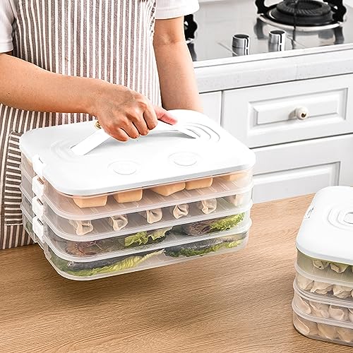 Food Storage Containers with Lids, Plastic Cookie Storage Containers Airtight, 4-Layer Stackable Food Containers Dumpling Storage Box, White - color: White