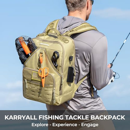 KastKing KarryAll Fishing Backpack with Rod Holder 4 Tackle Boxes, 40/26L | Tackle Bag Storage Fishing Gear and Equipment, Water‑Resistant Material, Fishing Gift for Men - color: E: Medium (26 L) - Khaki