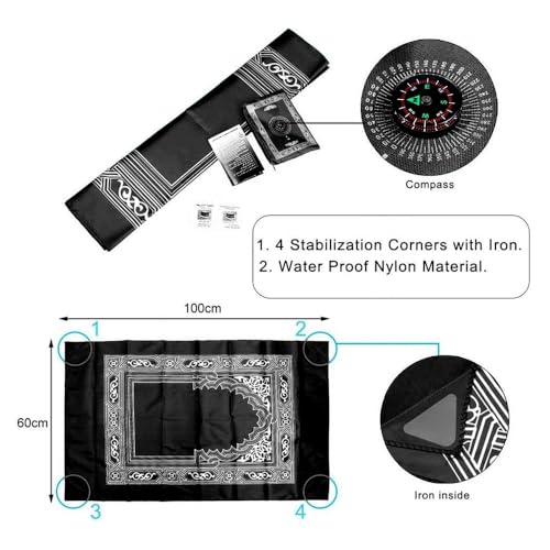ABDEEZ Portable Travel Prayer Mats | Compass, Weights (Keeps mat in Place), and Pouch, Pocket Size (Single Pack) (Black) - color: Black