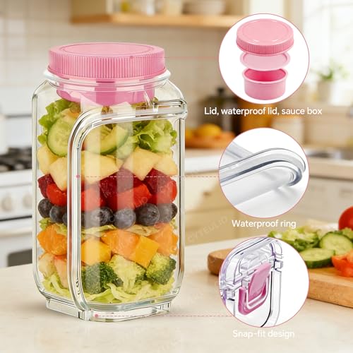 Creative Salad Pod Side Open, Salad Jars with Dressing Cup for Office, Park, Travel, Outdoors. Equipped with Waterproof Cover and Ring, Sauce Box Supoort Dishwasher & Freezer. (Pink)