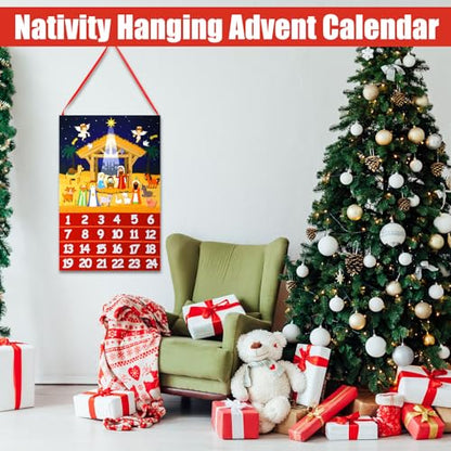 Wonderjune Nativity Advent Calendar Christmas Felt Hanging Advent Calendar Craft Religious Jesus Christian Nativity Scene Countdown to Christmas with 24 Ornaments Pockets Xmas Holiday Wall Decoration