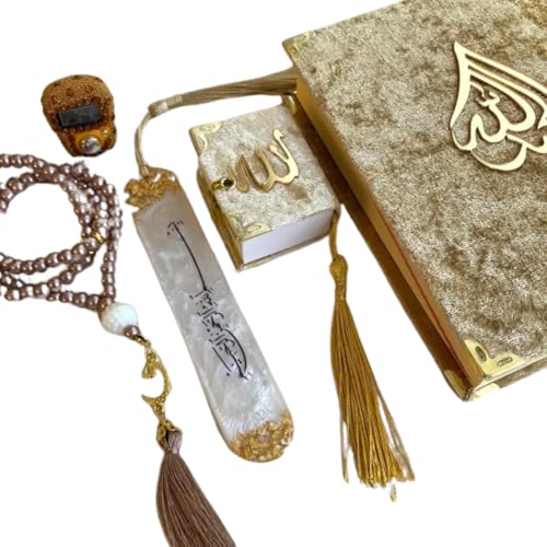 Muslim Gift Prayer Rug Set,Islamic Luxury Box Set,5 Piece.Quran&Mini Pocket Size Quran&Prayer Rug&Digital Zikr Counter&Prayer Beads Rosary&Prayer Printed Bookmark in Velvet Covered Luxury Box