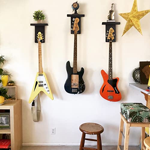 Keebofly Guitar Wall Mount 3-Pack - Rustic Wood Guitar Hanger with Pick Holder for Acoustic, Electric, Bass Guitars & Ukulele (Matte Black, Screw-Mounted) [Patented] - color: 3 Pack_Black