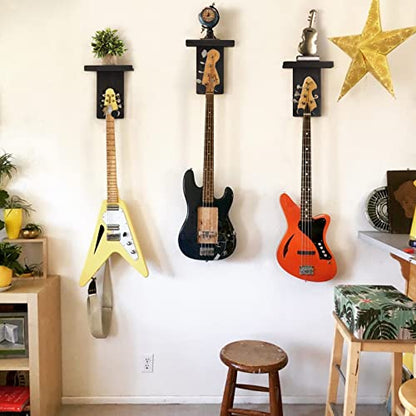 Keebofly Guitar Wall Mount 3-Pack - Rustic Wood Guitar Hanger with Pick Holder for Acoustic, Electric, Bass Guitars & Ukulele (Matte Black, Screw-Mounted) [Patented] - color: 3 Pack_Black