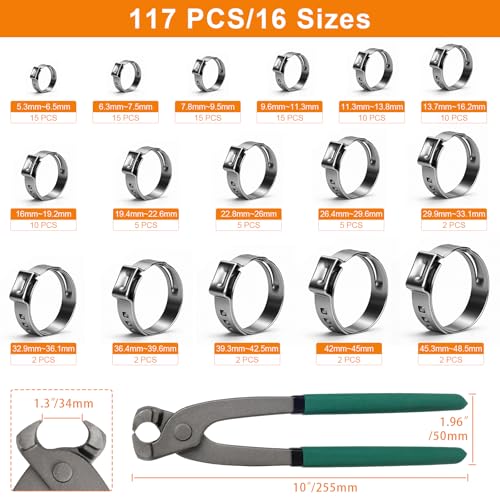 117PCS Sieqioor 16 Sizes Single Ear Clamp Kit,304SS 5.3-48.5mm, With Pincer | 304 Stainless Steel Single Ear Hose Clamp, Stepless Hose Clamps Cinch Rings for Automotive, Home Appliance Line and Plumbing - size: 117pcs+1pcs Pincer