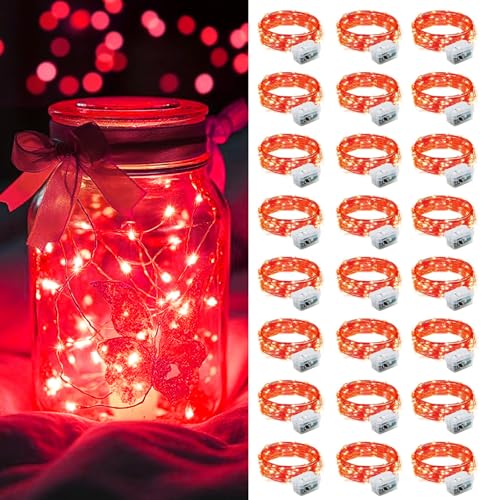 AIKEI 24 Pack LED Fairy Lights Battery Operated, Mini String Lights Waterproof 7ft 20 Led Firefly Starry Lights for Valentines Day Wedding Party Bedroom Garden Christmas Decoration Red - color: Red, size: 24 Pack