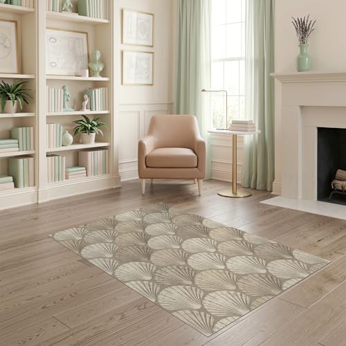 4'x6' Beige Beachy with Scallop Shell Motifs Washable Area Rug | Vintage Seaside Style, Distressed Maritime for Home Office, Under Desk, Non-Slip Chair-Friendly, Flatwoven - color: Beige/Pattern 25, size: 4' x 6' (Rectangular)