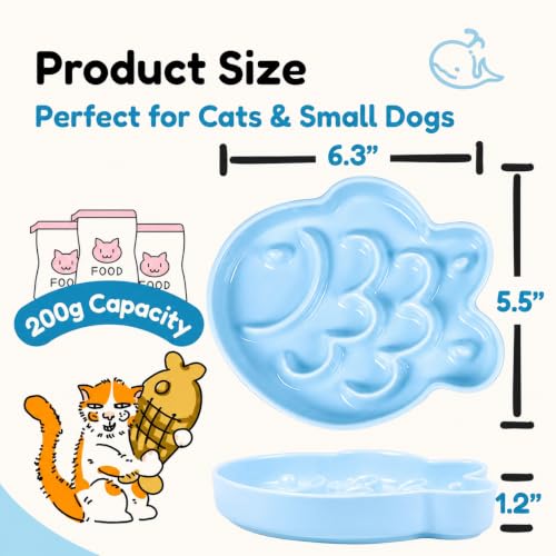 Ceramic Cat Slow Feeder Bowl - Shallow Whisker Friendly Cat Plate for Dry and Wet Food - Puzzle Feeder for Slow Eating - Helps Reduce Vomiting - Microwave & Dishwasher Safe -Non Slip(Blue,6.3''W) - color: Blue