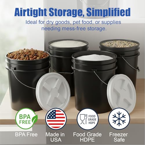 5 Gallon Bucket - Food Grade w/Lid BPA-Free, Black/White, 3 | Airtight Gamma Seal Screw-On Lid, Heavy-Duty 90 Mil HDPE Plastic, Food Safe and Durable Container, Bulk Storage, Made in USA - color: Black/White, size: 3 Packs