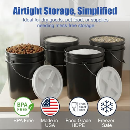 5 Gallon Bucket - Food Grade w/Lid BPA-Free, Black/White, 3 | Airtight Gamma Seal Screw-On Lid, Heavy-Duty 90 Mil HDPE Plastic, Food Safe and Durable Container, Bulk Storage, Made in USA - color: Black/White, size: 3 Packs
