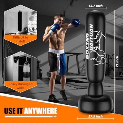 Standing Punching Bag for Adults Teens, Inflatable Boxing Bag with Stand, Kick Boxing Training Equipment for MMA, Muay Thai, Kickboxing - size: 70"