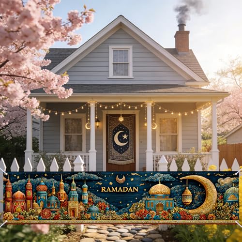 Nuxovilar Ramadan Mosque Crescent Lantern Banner Polyester 17.72×78.74inches - Ramadan Mubarak yard sign for Yard, Garden, Outdoor Decor - color: hd13428