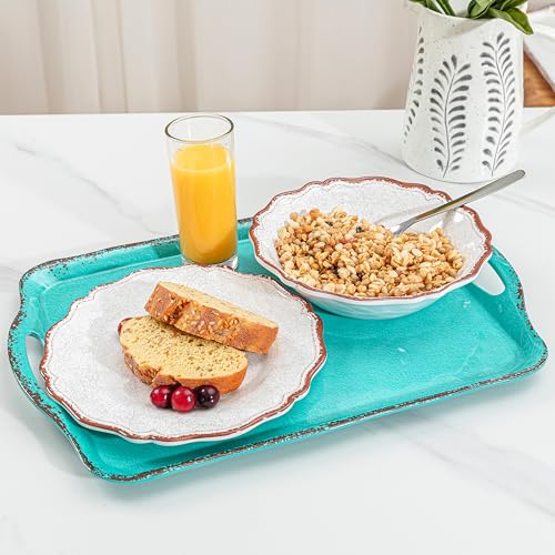 LEHAHA Large Farmhouse Melamine Serving Platters, Serving Tray with Handle for Food, Appetizer, Cupcakes, Dessert, Raised Edge Large Party Platter or TV Dinner Trays, 17.25x12 inch, Set of 2, Teal - color: Teal