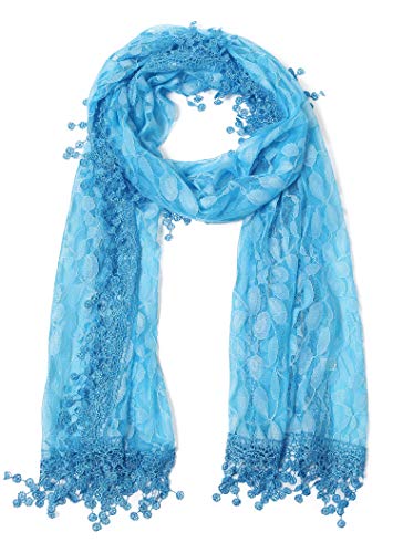 Cindy & Wendy Lightweight Soft Leaf Lace Fringe Scarf Bridal Shawl for Women - color: Turquoise Blue