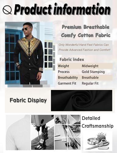 Mens African 2 Piece Set Metallic Traditional Suit Gold Stamp Printed African Dashiki Shirt and Pants Outfit - color: Black, size: X-Large