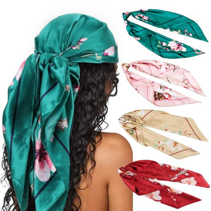 DRESHOW 35” Large Square Satin Head Scarf - 4Pcs Silk Accessories Classic Patterned Squares Beach Bandanas for Women - color: Floral Silk Scarf Set: Teal,pink,beige,burgundy