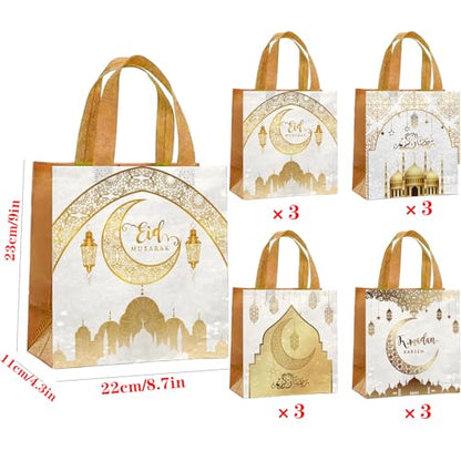 Yssreey Eid Mubarak Reusable Gift Bags 12pcs Ramadan Goodie Bags with Handles Non Woven Treat Bags for Ramadan Kareem Eid Mubarak Party Supplies