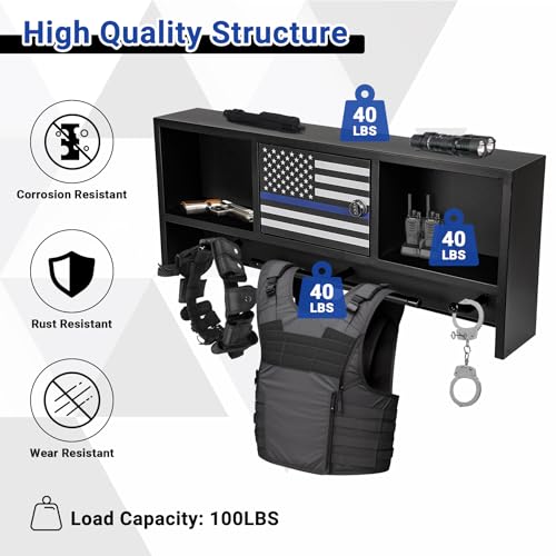 Neoaider Police Gear Rack, Police Hanger with Hooks | Tactical Duty Gear Rack Decor with Thin Blue Line Flag, Black Body Armor Stand for Police Gift - size: Wall Mounted w/Combination Lock