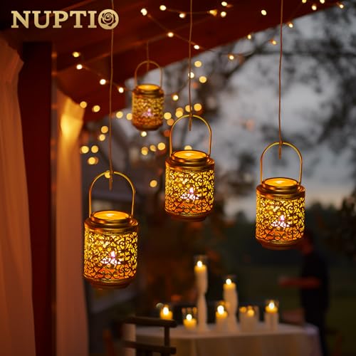 NUPTIO Gold Candle Lanterns Decorative: 6 Pcs Hanging Metal Tealight Candles Holder 4.1inch Brass Mini Tea Light Lantern Centerpiece for Weddings Bridal Shower Anniversary Table Decor (Style 3) - size: Style 3 - 6 Pcs