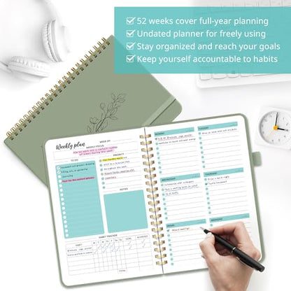 Taja Undated Weekly Planner, Weekly To Do List Notebook with Goal & Habit Tracker Organizer, A5 Weekly Planner Notebook with Spiral Binding, 6.1" x 8.2" - Green - color: a.Green