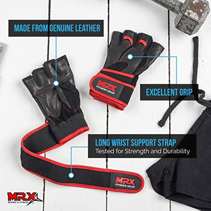 MRX Weight Lifting Pro Level Gloves with 18 Inches Long Wrist Strap Gym Workout Exercise & Fitness in - color: Black/Red-2615, size: Medium