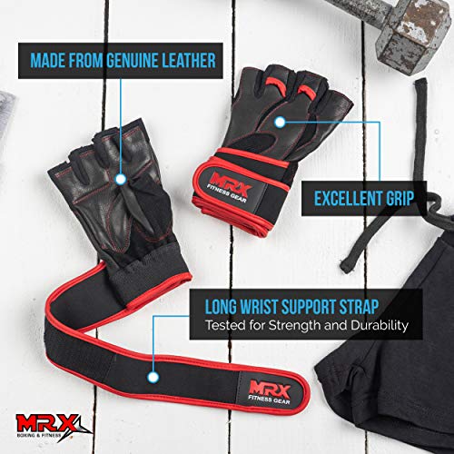 MRX Weight Lifting Pro Level Gloves with 18 Inches Long Wrist Strap Gym Workout Exercise & Fitness in - color: Black/Red-2615, size: X-Large