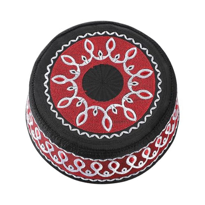 Muslim Prayer Kufi Hat Men Islam Skull Embroidery Cap Beanie Hat Arabian Omani Turkish Prayer Headwear Eid Gift - color: Wine Red