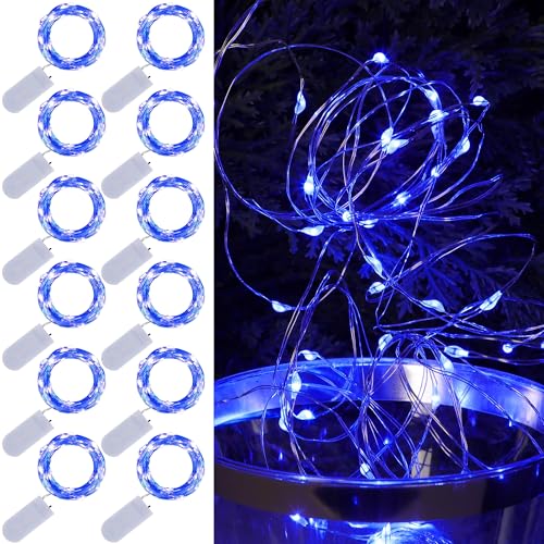WATERGLIDE 12 Pack Fairy Lights Battery Operated (Included), 7 ft 20 LED Mini String Lights, Waterproof Silver Wire Firefly Starry Light for DIY Wedding Christmas Party Mason Jars Decor, Blue - color: Blue