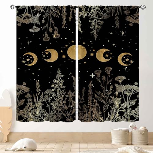 Gold Moon Curtains, Boho Vintage Floral Moon Phase Botanical Moonlit Wildflower Plants Aesthetic Elegant Luxury Blackout Window Drapes Treatments for Bedroom Living Room Kitchen 2 Panels, 42"x45" Inch - color: Moonlit-02, size: 21"W x 45"L (Pack of 2)