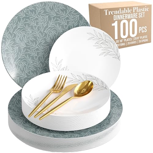 Trendables Fancy Plastic Dinnerware Sets 100 Pc Set 20 Guests Gold Silverware Disposable 20 X 10 Inch Charger Plates 20 X 8 Inch Dessert Plates 20 x Gold Plastic Forks and Spoons Knives In Aleh - color: Aleh