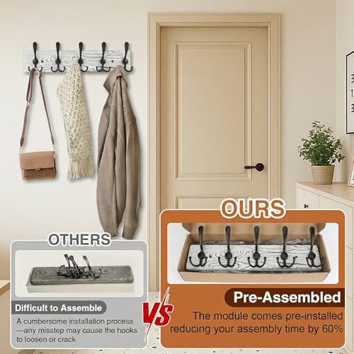 Wooden Coat Rack Wall Mount Heavy Duty, 2 Pack Coat Hanger Wall Mount with 5 Triple Hooks for Clothes, Jacket, Hat, Keys, Space Saving Entryway Organizer for Mudroom (Whte Plate & Black Hooks) - color: Whte Plate & Black Hooks