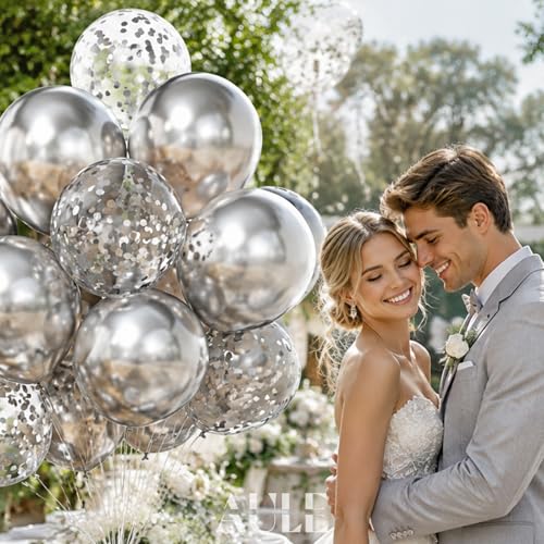 AULE Party Balloons Pack of 42 - Metallic Balloons & Confetti Balloons and 64ft Ribbons - 12 Inch Silver Balloons Decorations Set - color: Silver
