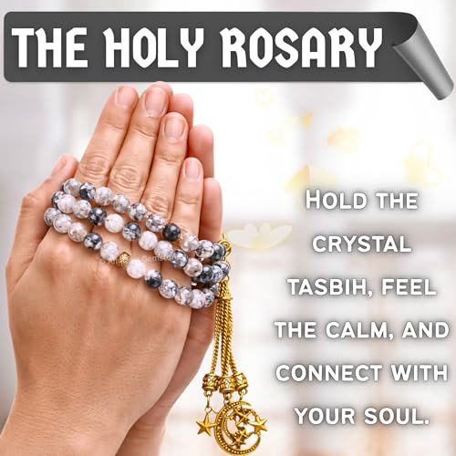Amazing Gemstone Crystal Tasbeeh with Moon and Star Charm - Certified Crystal Muslim Prayer Beads Natural Gemstone Tasbih Gift for Ramadan Dhikr and Daily Namaz (G) - color: Dragon Vein Agate
