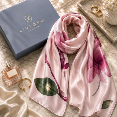 LONDON Women’s Satin Silky Scarf Gift Box Large Lightweight Silky Smooth Shawl Wrap for Hair, Head, Neck or Hijab - color: Red Floral - Box