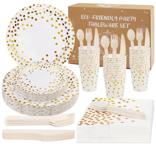 200 Pcs Birthday Plates and Napkins, White and Gold Plates Disposable, 25 Guests Party Plates Set, Plate and Napkins Party Supplies, Including Spoon, Fork, Knife, Drinking Cups for Wedding Christmas